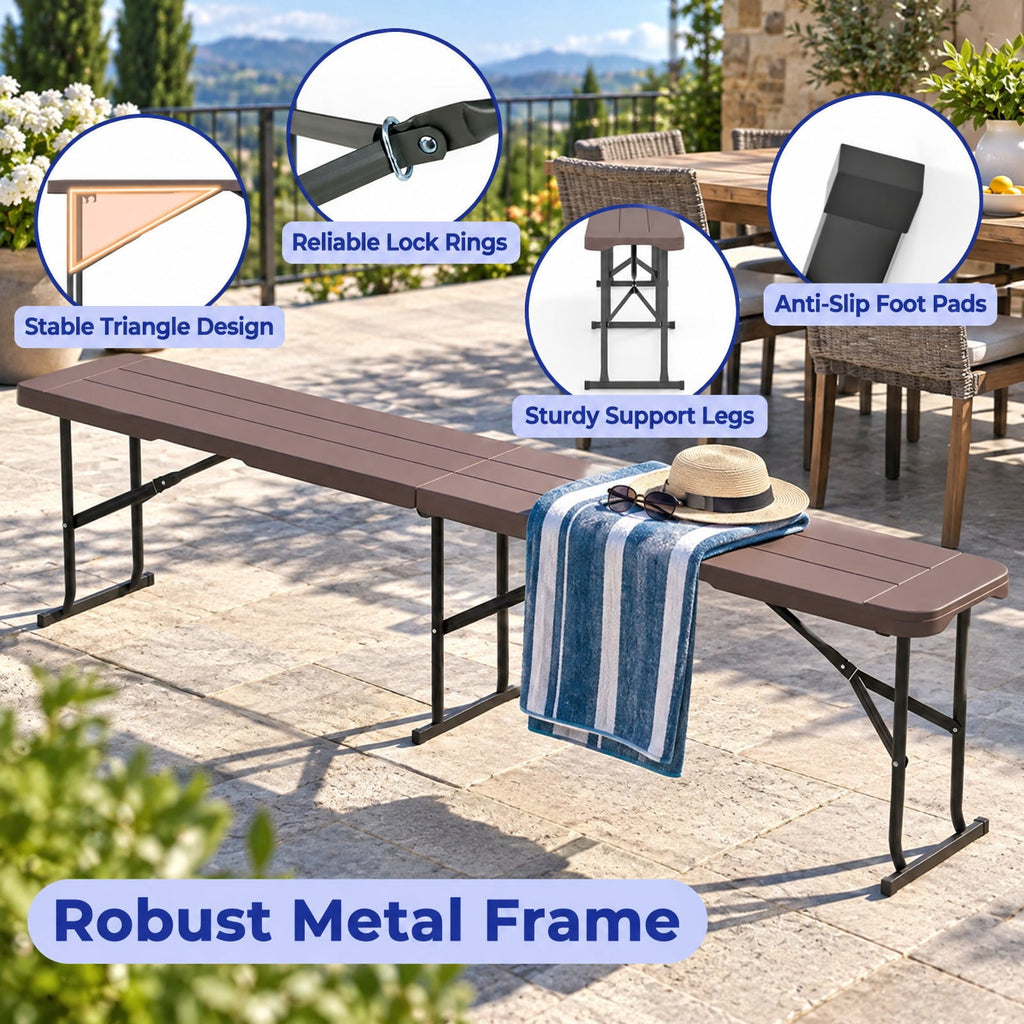 Airfind 6 Feet Plastic Folding Bench Picnic Camping Dining Seat with Carrying Handle, 660 lbs Capacity, Metal HDPE Frame, 72 x 11 x 17 Footprint