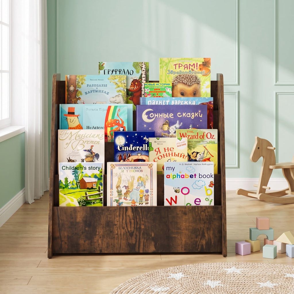 Airfind 4-Tier Kids Bookshelf with Deep Compartments for Bedroom, 22.5 x 10.5 x 23 inch Footprint, Brown