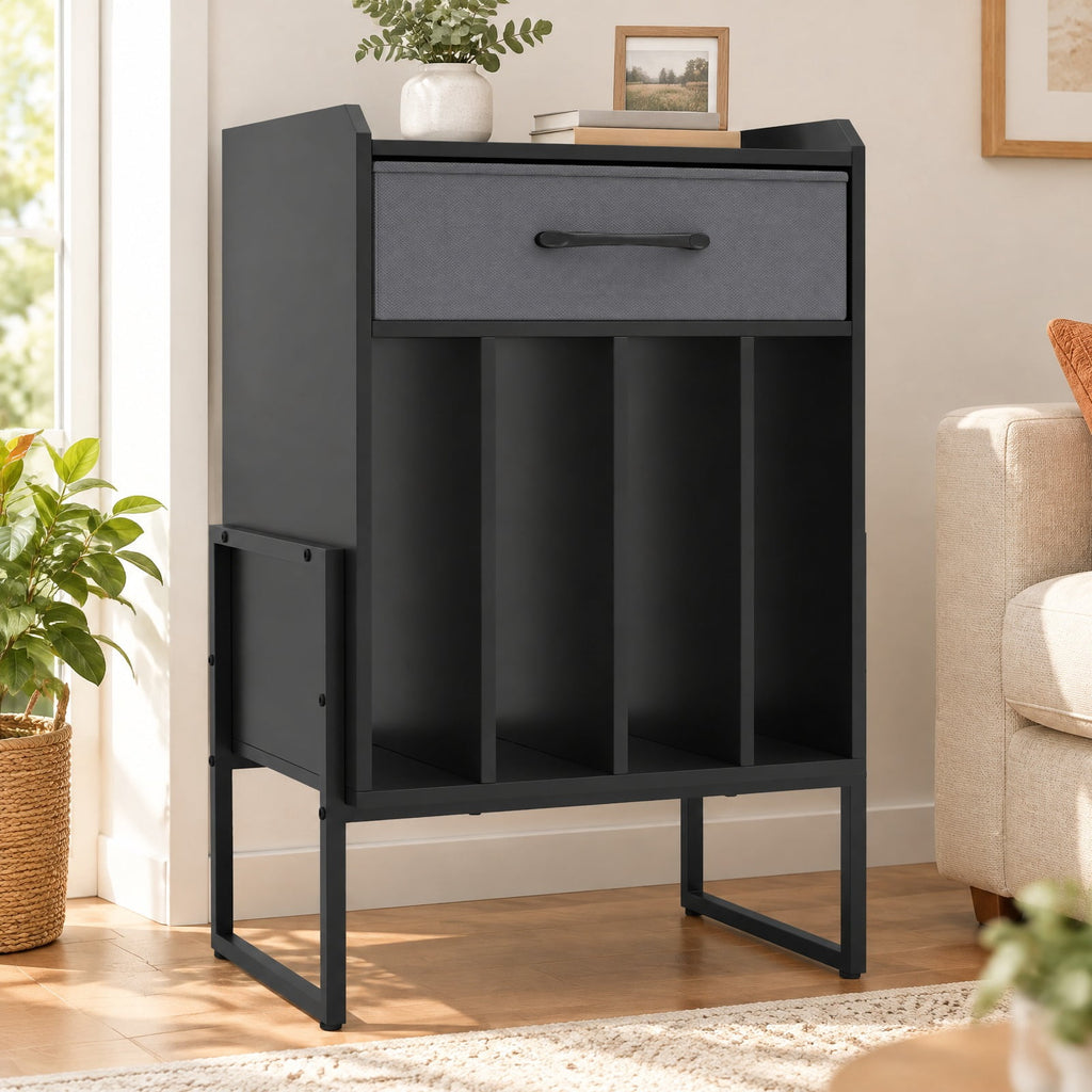 Airfind Record Player Stand with Drawer and Record Holder, 66 lbs Capacity, Engineered Wood MDF Metal Non-woven Fabric Frame, Black