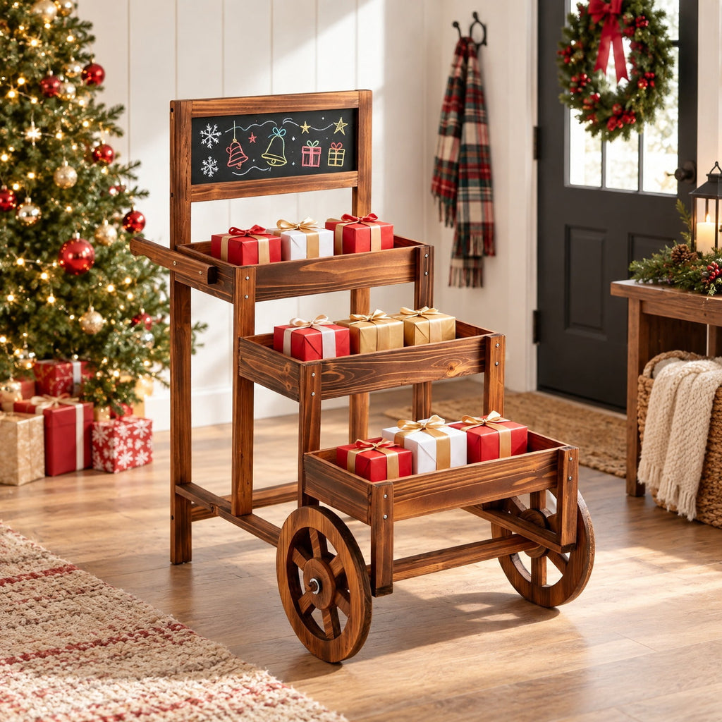 Airfind 3-Tier Carbonized Fir Wood Plant Display Stand Wooden Dessert Candy Cart, 44 lbs Capacity, 23 Inch x 39 Inch x 40 Inch Footprint, Brown