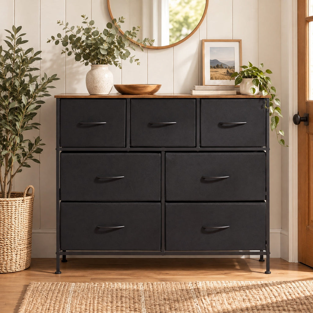 Airfind 7-Drawer Wide Dresser with 2-Sized Folding Fabric Drawers for Bedroom, 155 lbs Capacity, Engineered Wood Frame, 39.5in x 12in x 31in Footprint
