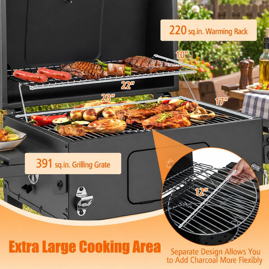 Airfind Outdoor BBQ Charcoal Grill with 2 Foldable Side Table and Wheels, Steel PP Frame, 50.5 Inch x 21 Inch x 46 Inch Footprint, Black
