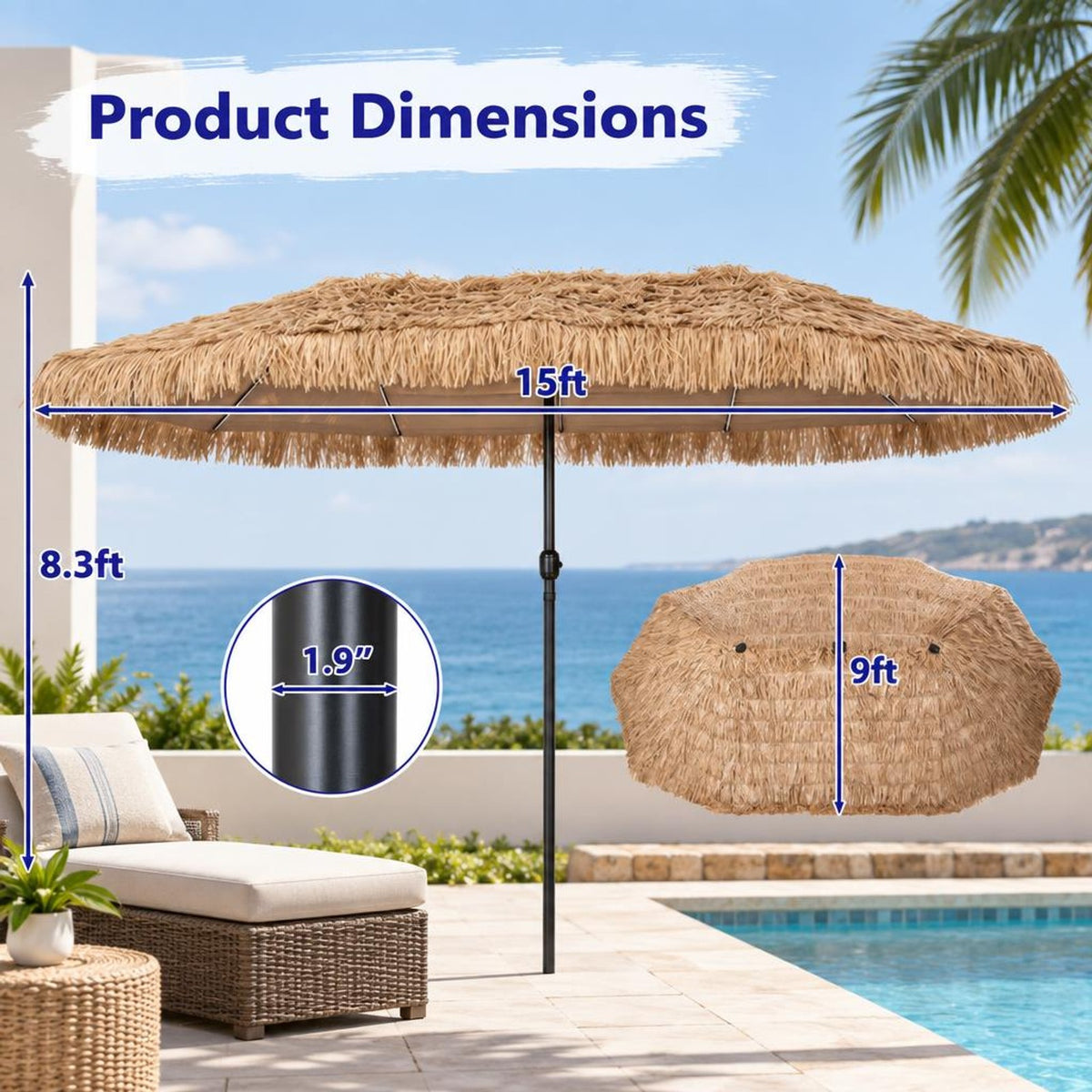 Airfind 15 x 9 FT Solar Double-sided Patio Umbrella with 144 Multi-colored Flowing Lights 12 Modes and 12 Ribs, Brown