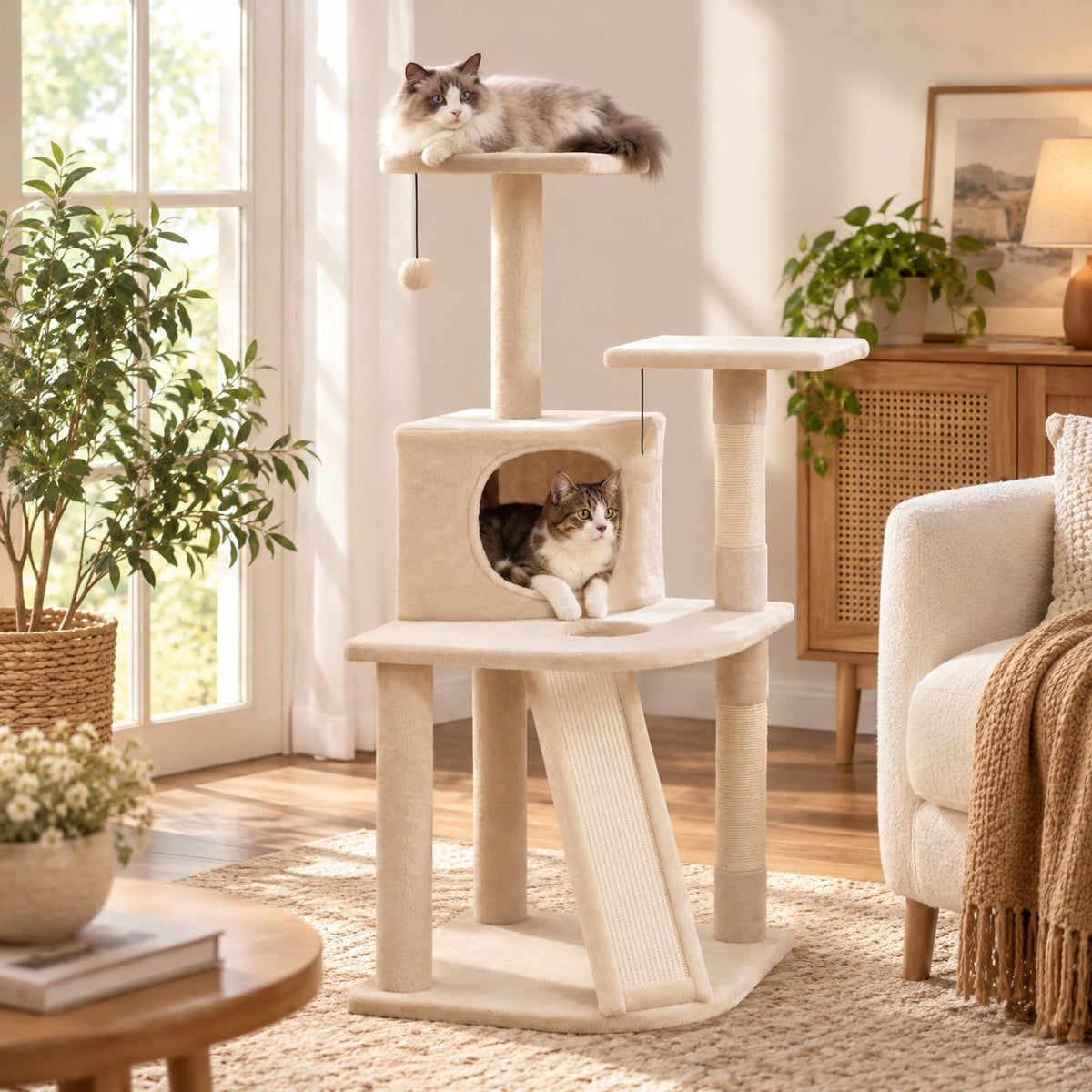 Airfind 44 Inch Tall Kitten Tower with Condo and 2 Plush Perches, 22 lbs Capacity, Engineered Wood Sponge Plush Fabric Sisal Frame, Beige