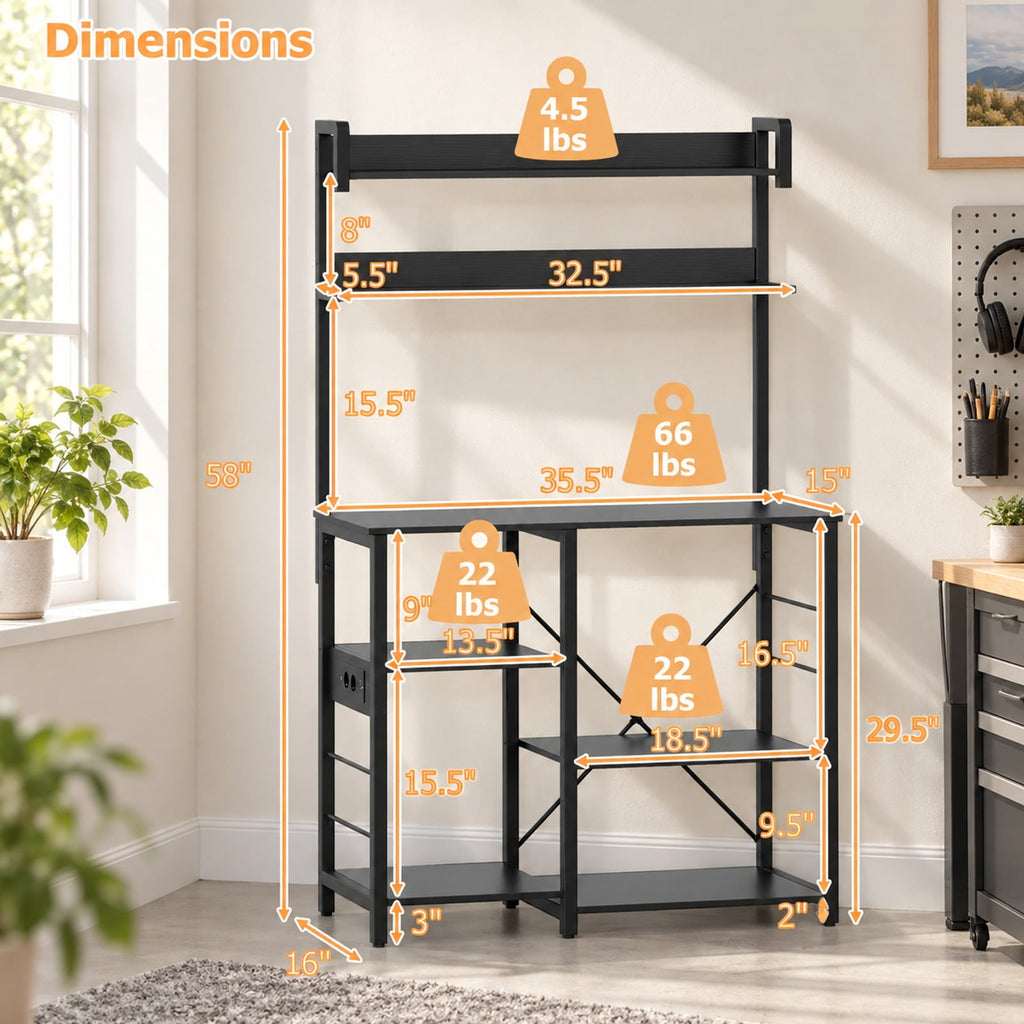 Airfind Kitchen Bakers Rack with Power Outlet 5, Tier Microwave Oven Stand with LED Lights, Black, Adjustable in 10 brightness levels and 10 speeds