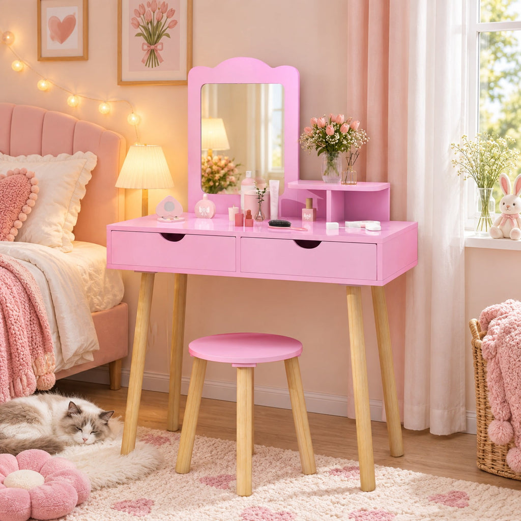 Airfind Kid Vanity Table Chair Set with Mirror and 2 Large Storage Drawers, 44 lbs Capacity, Pine wood MDF Frame, 28in x 13in x 39in Footprint, Pink