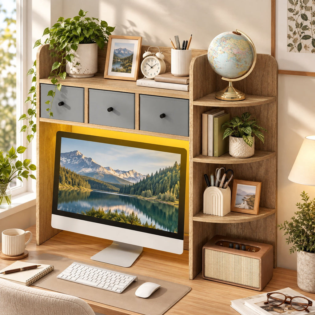 Airfind Desktop Bookshelf with LED Lights 5-Tier Shelves and 3 Drawers for Home Officce, 88 lbs Capacity, Engineered Wood Fabric Frame, Natural