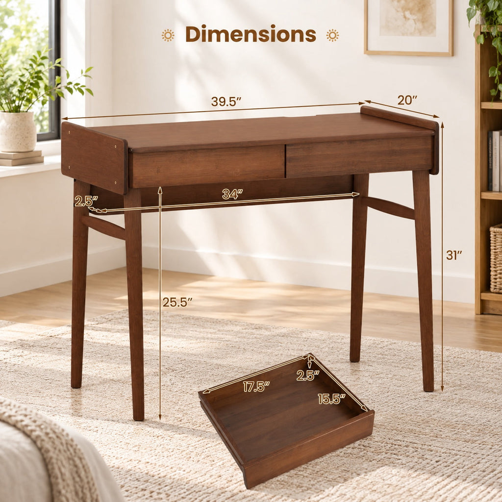 Airfind Bamboo Writing Desk with 2 Storage Drawers and Open Shelf, 110 lbs Capacity, Bamboo Frame, Walnut