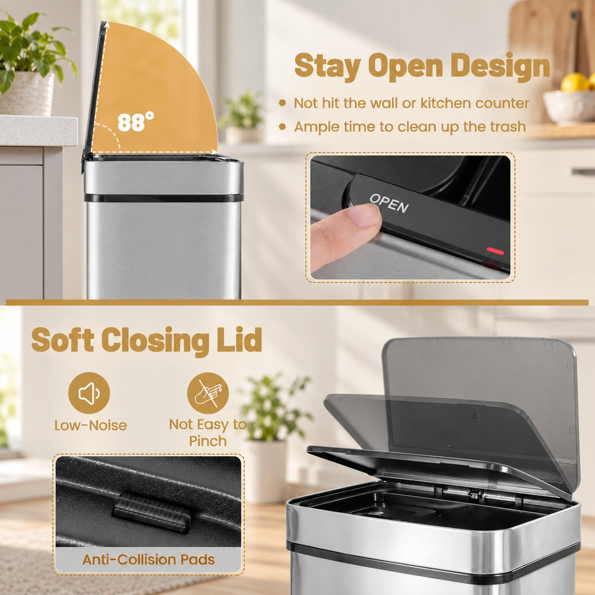 Airfind 19 Gal Stainless Steel Trash Can with Kitchen Waste Bin and 2 Bottom Recycling Bins, Stainless Steel ABS Frame, Silver