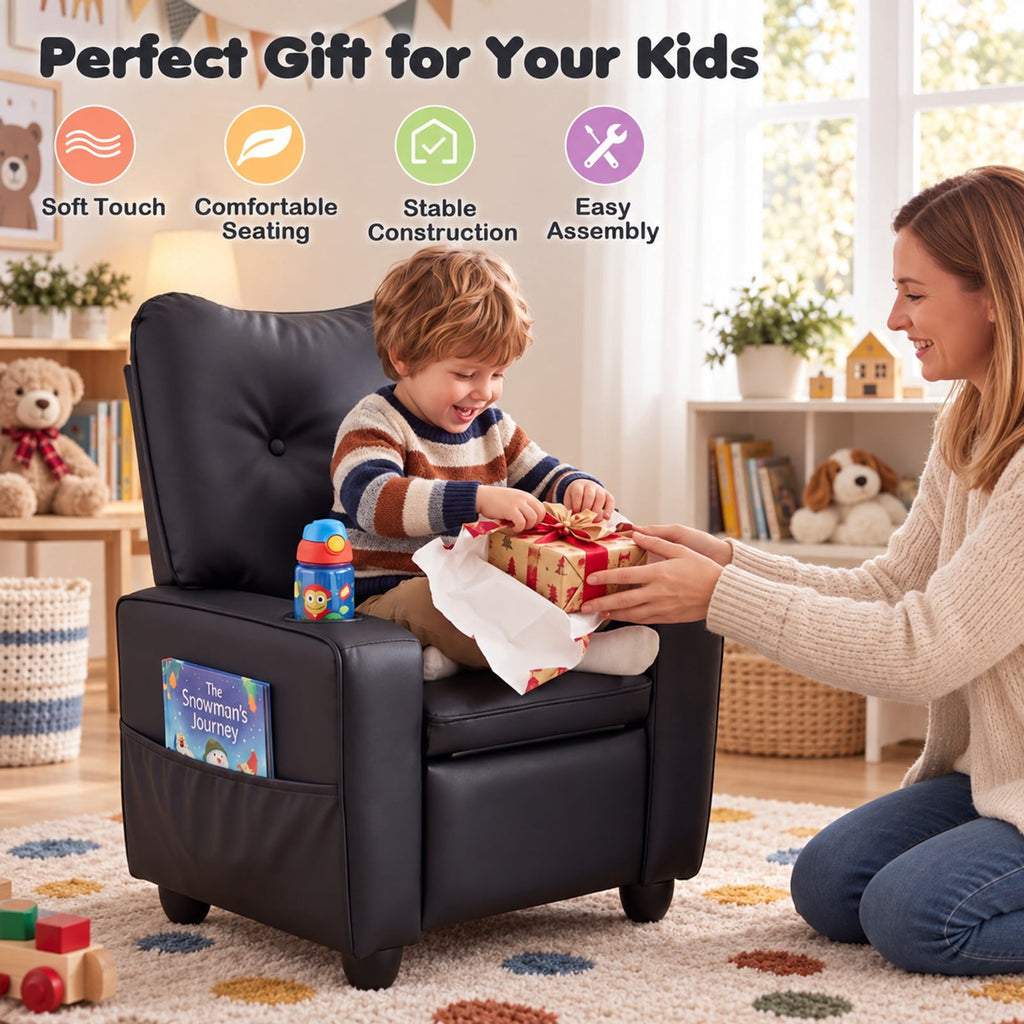 Airfind Youth Recliner featuring Cup Holder Armrests and Adjustable Backrest for Playroom, Wood Frame, 24 Inch x 21 Inch x 30 Inch Lying Footprint, Black