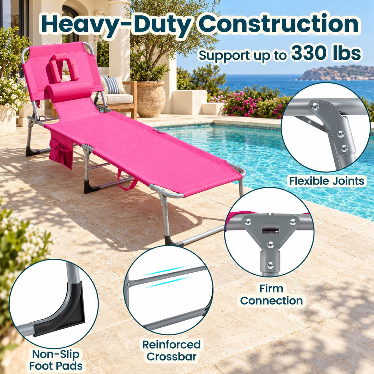 Airfind Set of 2 Tanning Chair Portable Chaise Lounge Chair with 4-Position Adjustable Backrest, 330 lbs Capacity, Pink