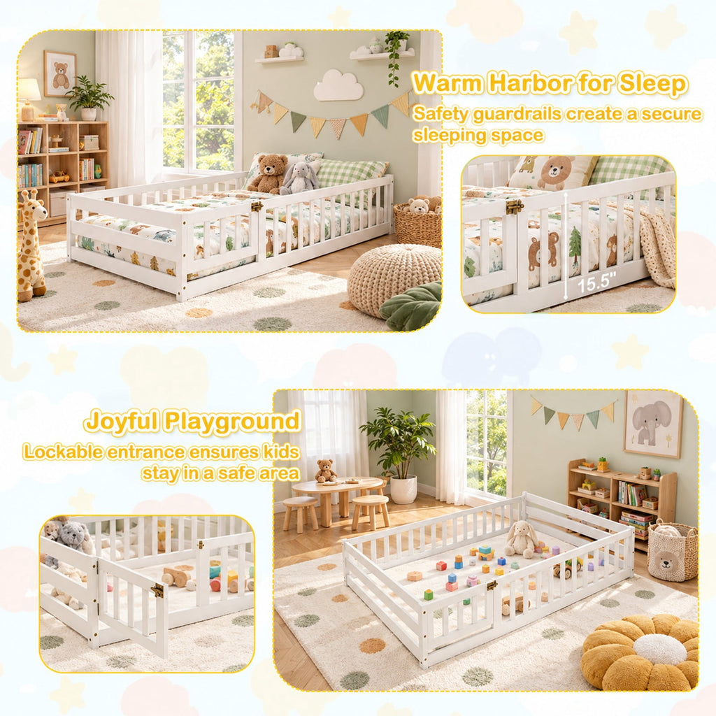 Airfind Twin Size Montessori Floor Bed with Lockable Door and Full-Length Guardrail, Solid Wood Plywood Frame, 78.5 x 45 x 66.5 Footprint, White