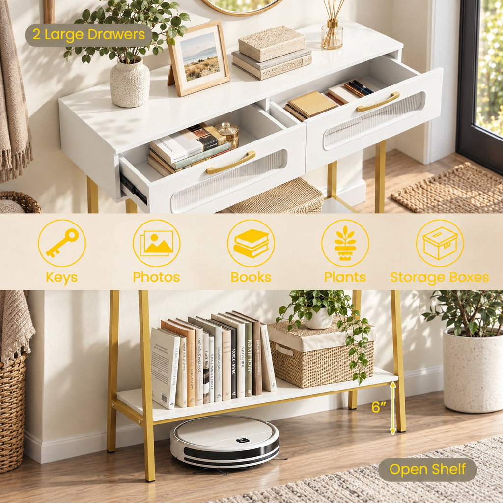 AIRFIND Console Table with LED Lights, 2 Fluted-Front Drawers and Open Shelf, 36 inch Entryway Sofa Table with Metal Legs, White and Gold