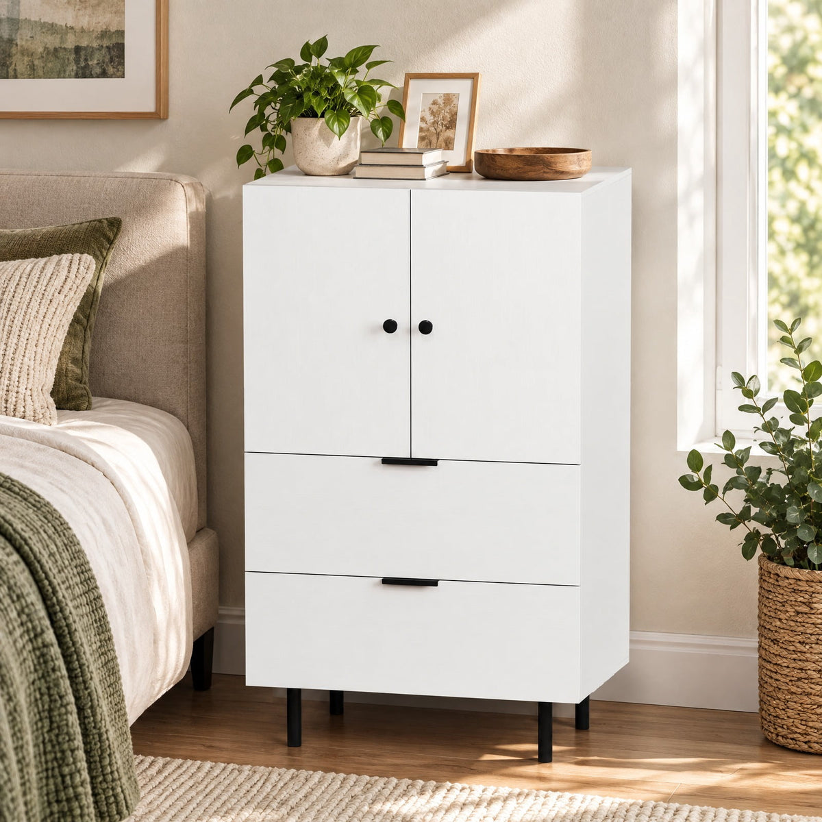 Airfind Sideboard Buffet Cabinet 2-Door Serving Cupboard with Drawers, 155 lbs Capacity, Engineered Wood MDF Metal Frame, White