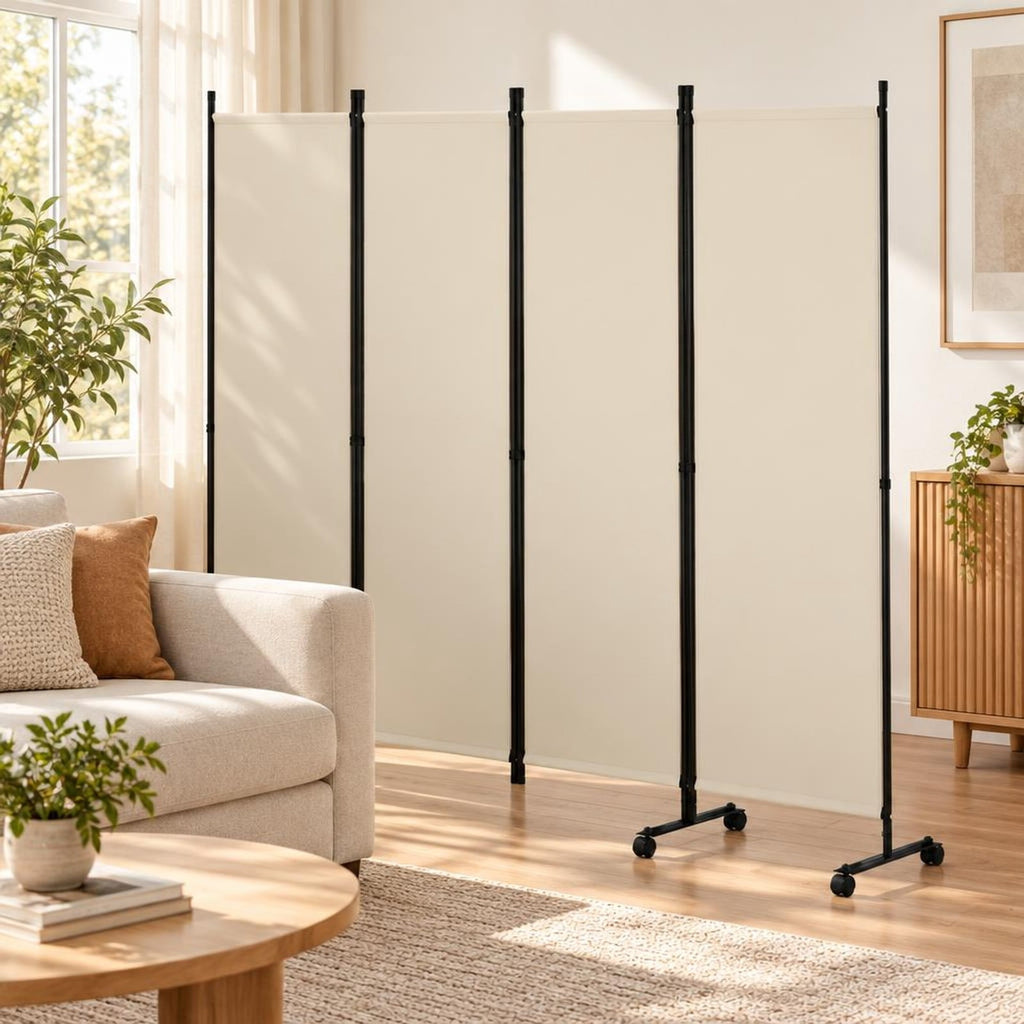 Airfind 4-Panel Room Divider with Lockable Wheels for Living Room, Polyester Fabric Metal Frame, 87in x 14in x 68in Footprint, Beige