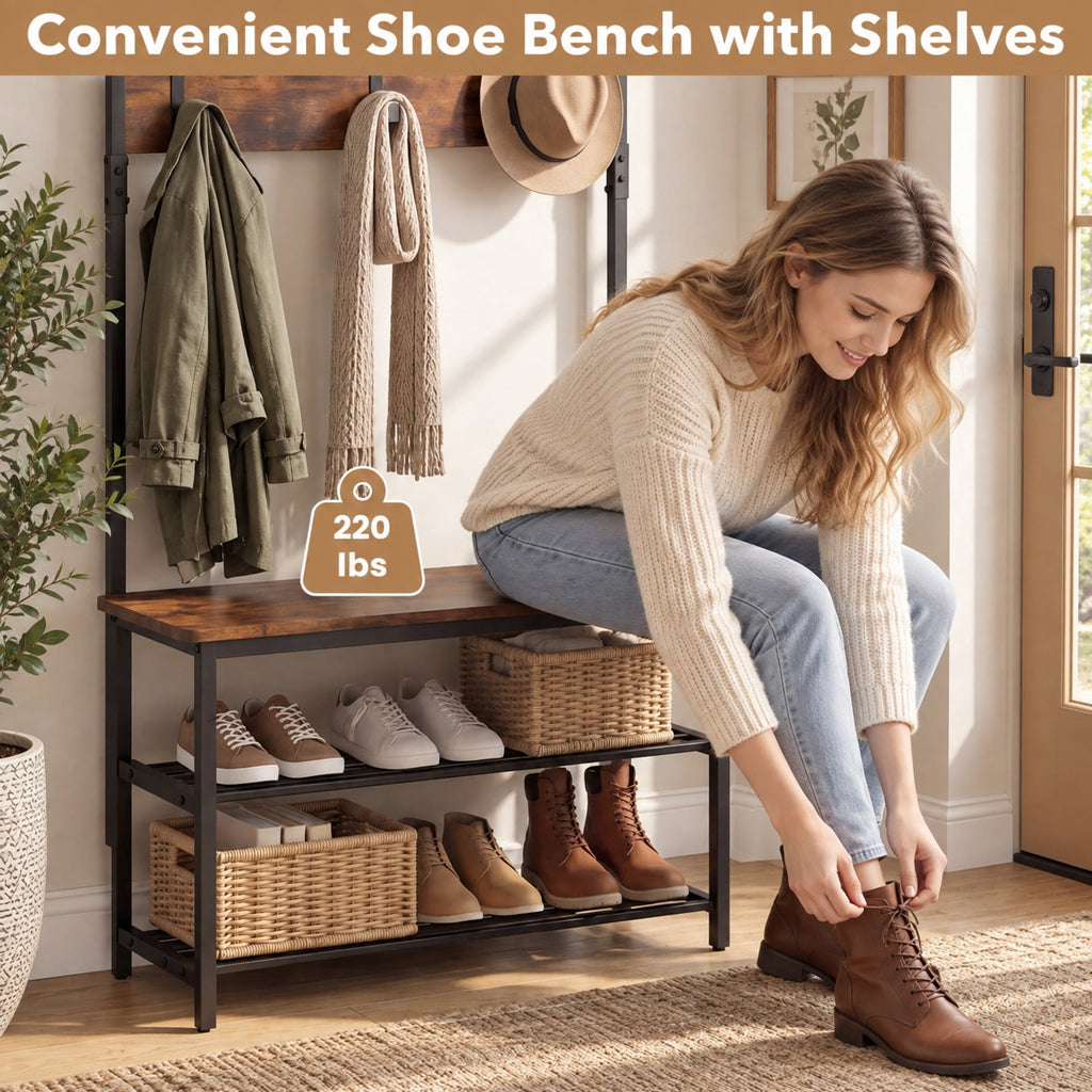 Airfind Coat Rack 4-In-1 Hall Tree with Shoe Bench and Removable Hooks, 220 lbs Capacity, Metal Engineered Wood Frame, Coffee