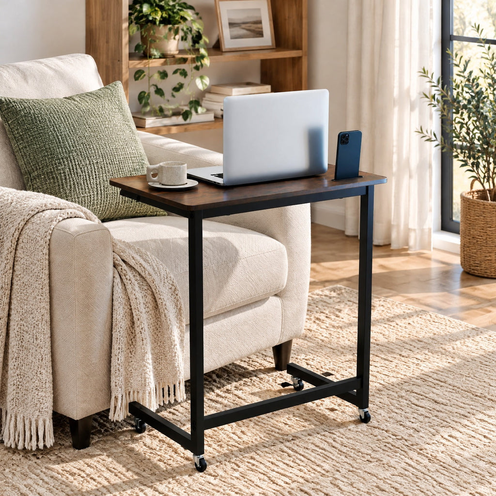 Airfind C-shaped End Table with Wheels Mobile Bedside Table with Built-in Phone Slot, 80 lbs Capacity, Engineered Wood Metal Frame, Brown
