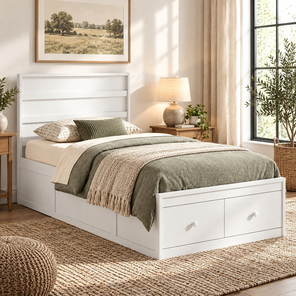 Airfind Twin Size Bed Frame with Storage Drawers and Headboard, 350 lbs Capacity, Solid Wood Plywood Engineered Wood MDF Frame, White