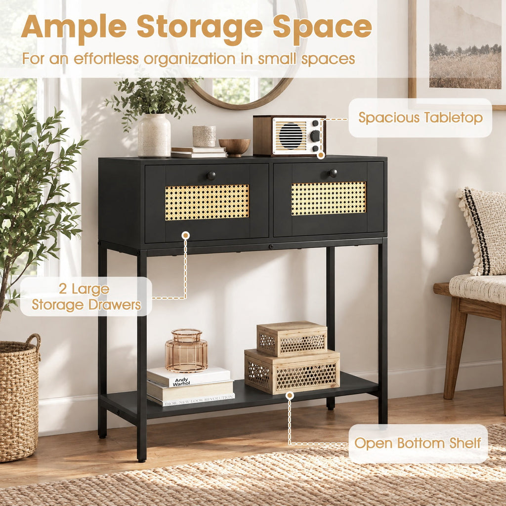 Airfind Rattan Console Table Boho Entryway Table with 2 Rattan Drawers and Open Storage Shelf, 88 lbs Capacity, Black