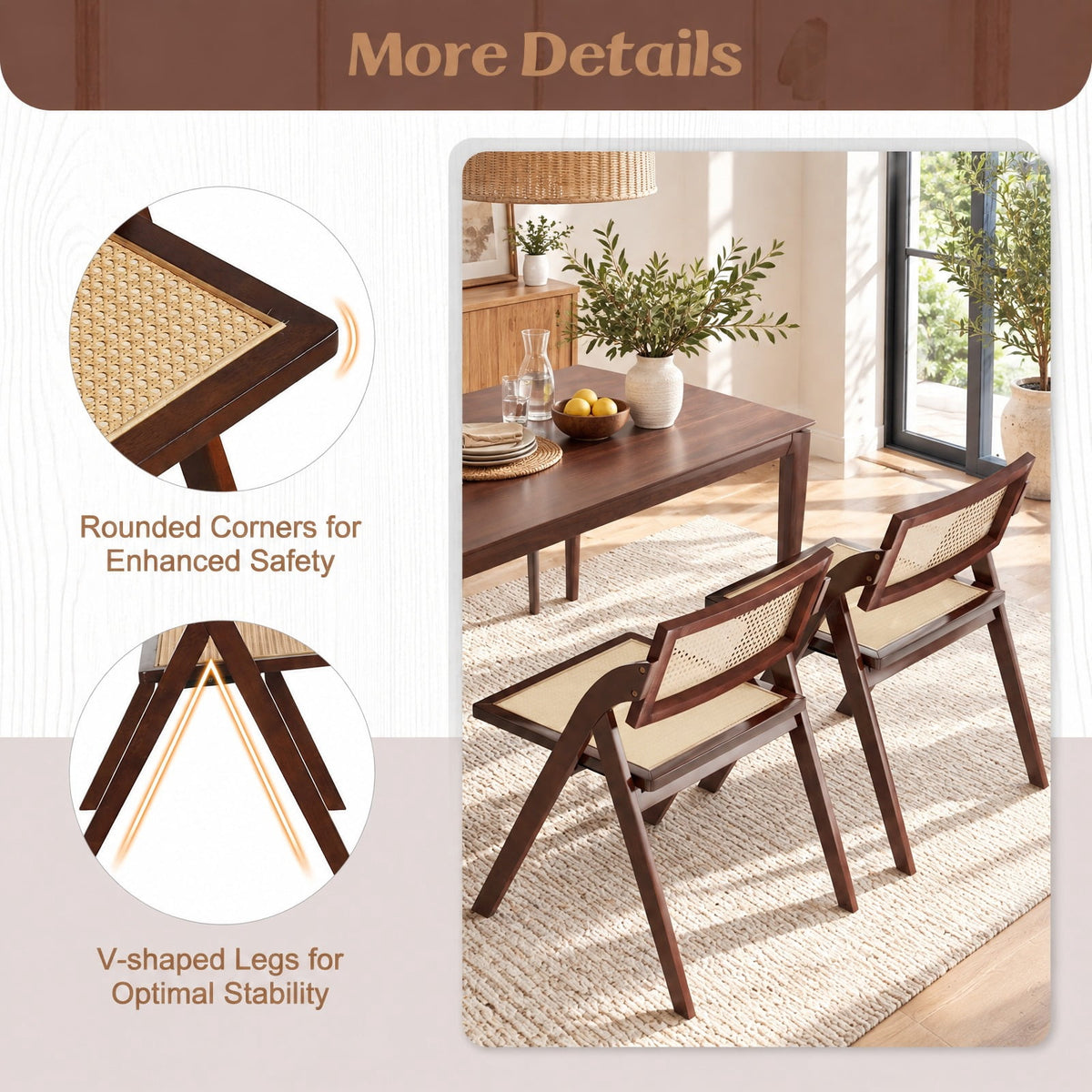 Airfind Foldable Dining Chairs Set of 2 with Woven Rattan Backrest, 400 lbs Capacity, Rubber Wood Plywood Plastic Frame, 23 Inch x 21 Inch x 29.5 Inch Footprint