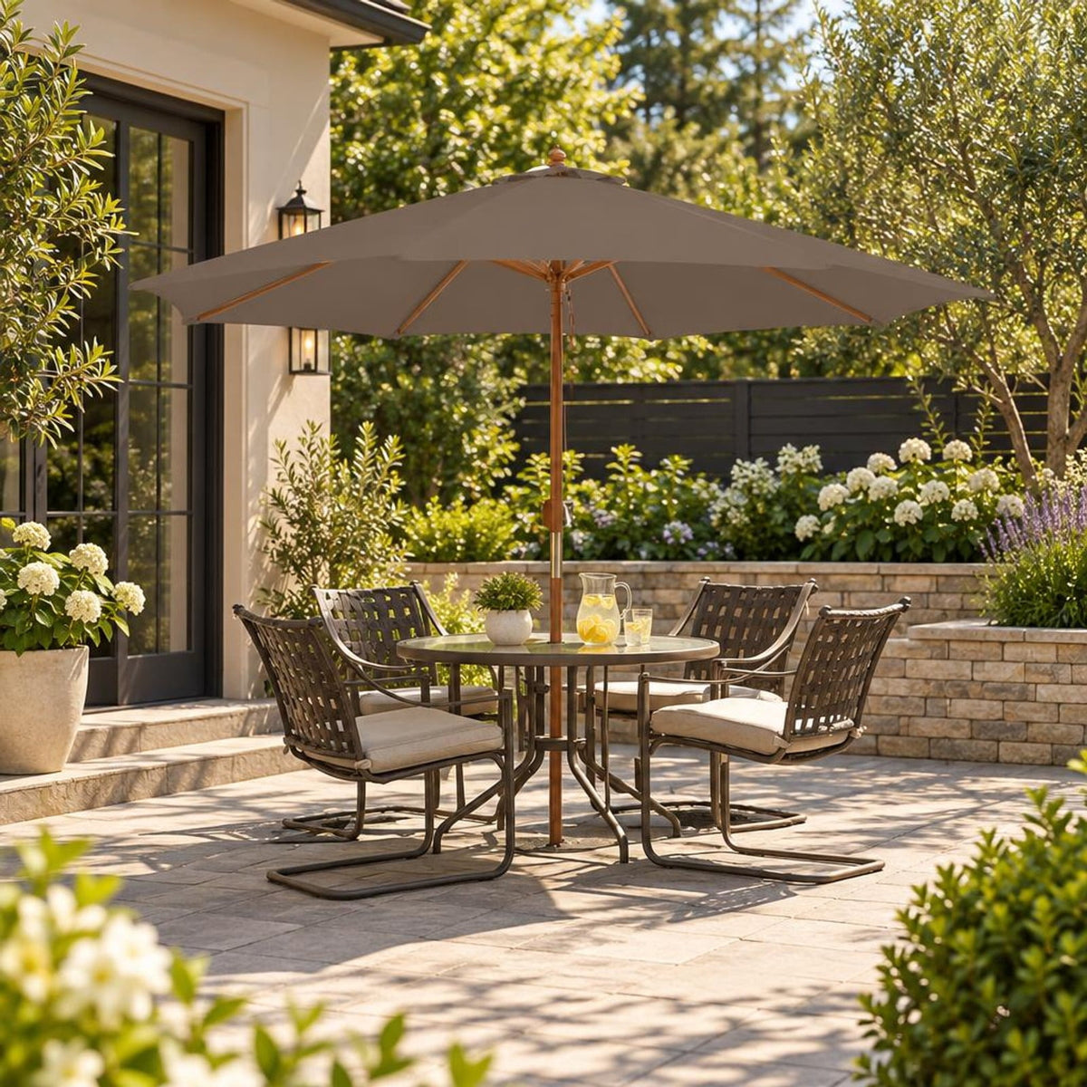 Airfind 10 Feet Patio Umbrella with 8 Wooden Ribs and 3 Adjustable Heights, 180G polyester fabric PP bamboo wood Frame, Brown