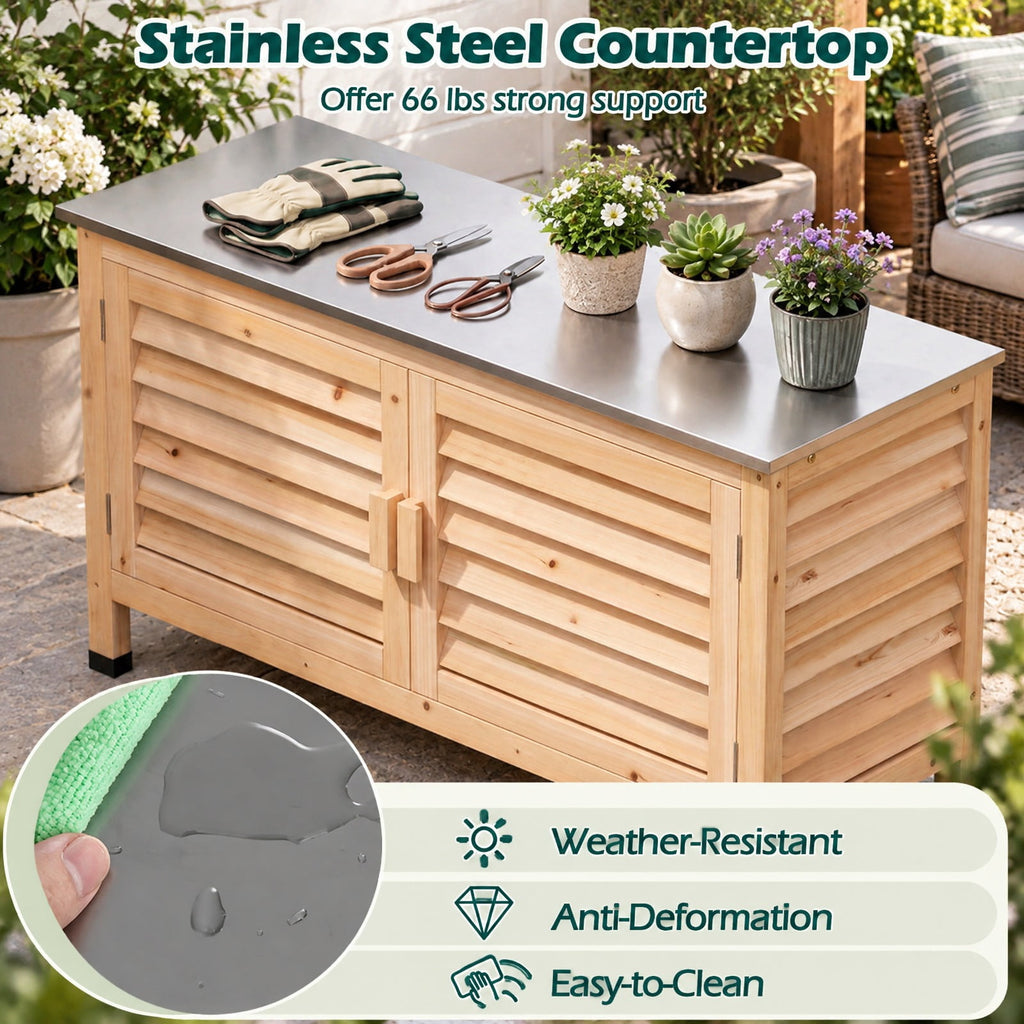 Airfind Patio Storage Cabinet with Stainless Steel Countertop and L-Shaped Shelf for Garden, 66 lbs Capacity, Fir Wood Stainless Steel Rubber Frame