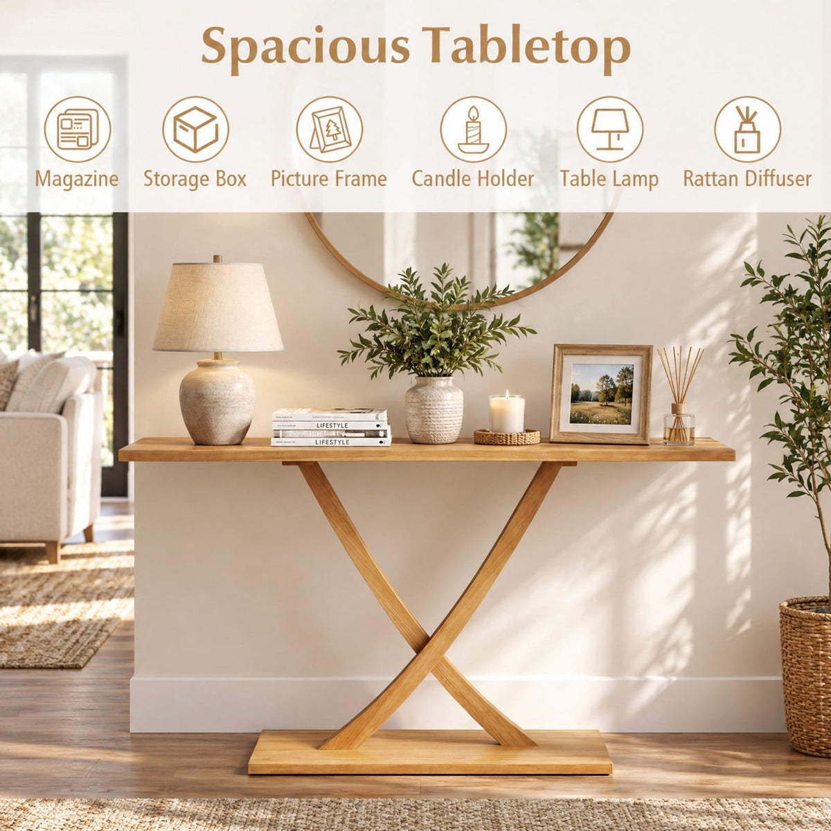 Airfind 57 Inch Solid Wood Console Table with Teak Wood Frame and Geometric Design, 110 lbs Capacity, Teak Wood Frame, 57 x 12 x 32 Footprint