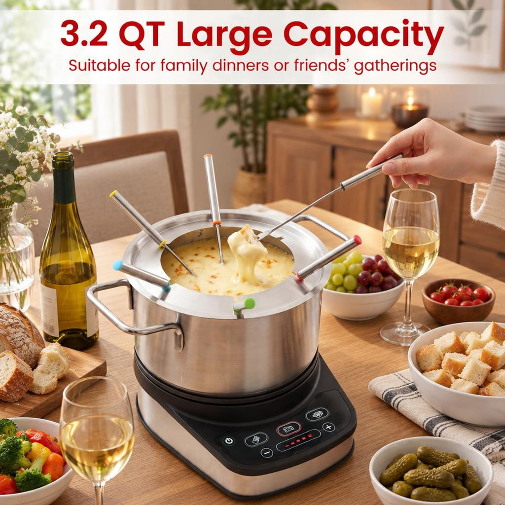 Airfind 1200W Electric Fondue Pot Set with 3.2 QT Removable Pot 6 Color, Stainless Steel PBT Frame, 9.5 × 7 × 3 Footprint, Silver + Black