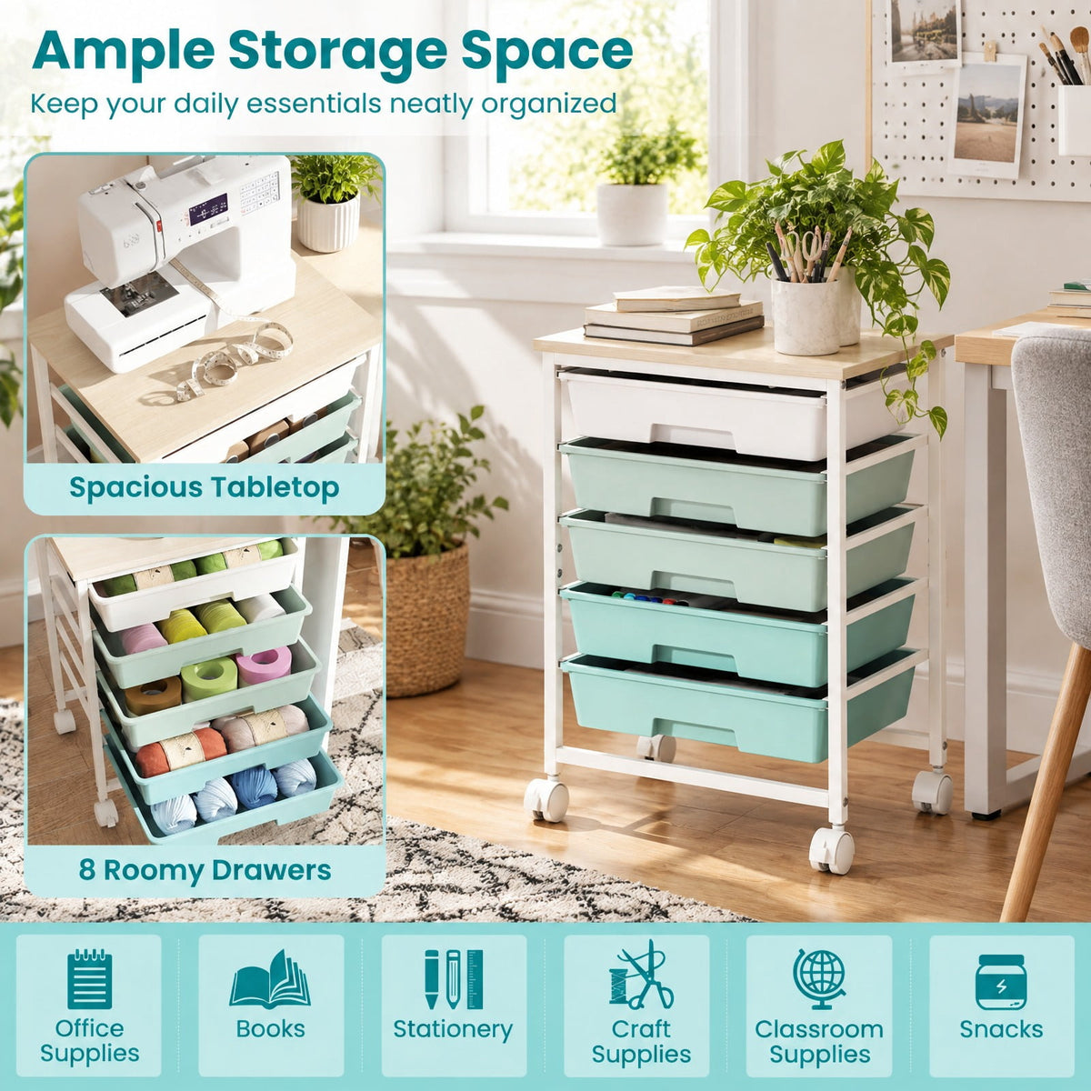 Airfind 5-Drawer Rolling Cart with Wooden Tabletop and Metal for Craft Room, 33 lbs Capacity, Metal PP Engineered Wood, Green