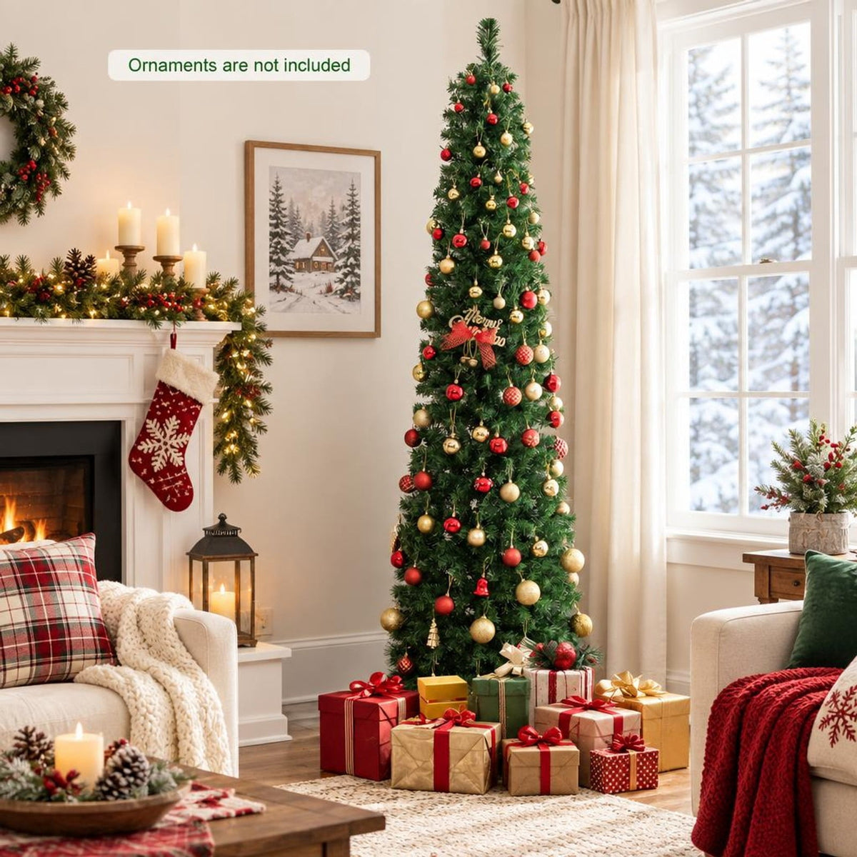 Airfind 5/6/7/8 FT Pre-Lit Christmas Pencil Tree with Colorful Fiber Optics Green-8 ft, PVC Metal Fiber Optics Frame, Green