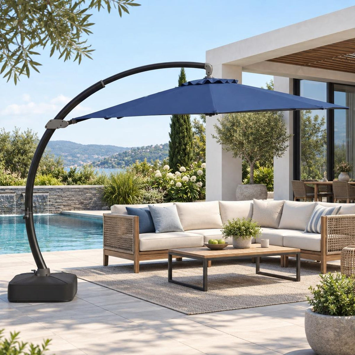Airfind 11 FT Cantilever Patio Umbrella with Base with 360° Rotation and Tilt Adjustment, Polyester Fabric Aluminum Metal Frame, Navy