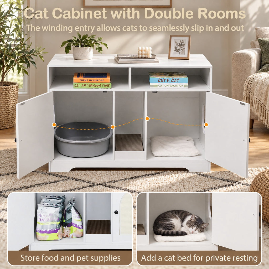 Airfind 43 Inches Cat Litter Box Enclosure with Storage and Double Rooms, Engineered Board Frame, 43in x 20in x 29in Footprint, White