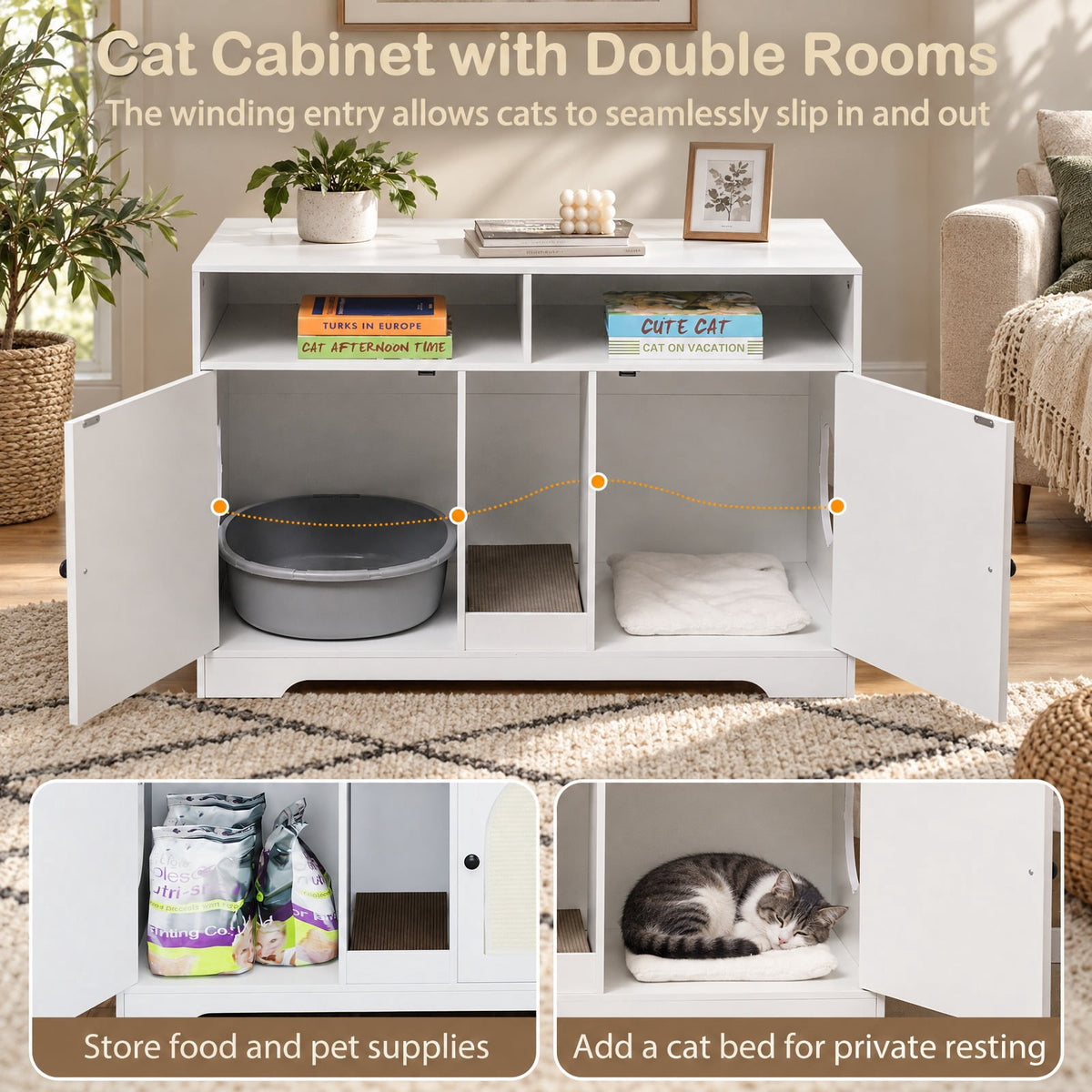 Airfind 43 Inches Cat Litter Box Enclosure with Storage and Double Rooms, Engineered Board Frame, 43in x 20in x 29in Footprint, White