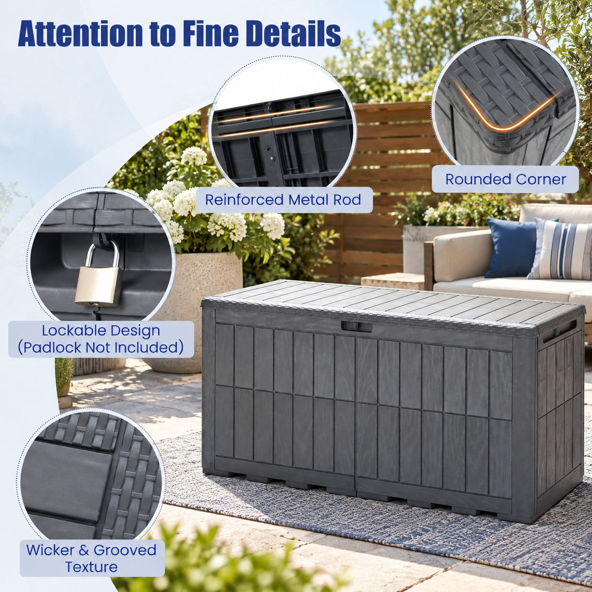 Airfind 120 Gal Outdoor Deck Box with Lid and Handles for Garden Tools, 540 lbs Capacity, PP Metal, 52 Inch x 24 Inch x 25 Inch , Gray