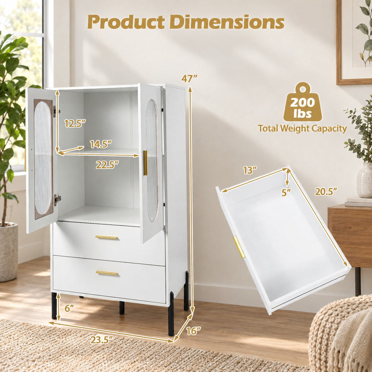Airfind Modern Sideboard Buffet Cabinet with Fluted Doors, 23.5 x 16 x 47Inner Footprint, White, Dimensions 23.5 x 16 x 47Inner