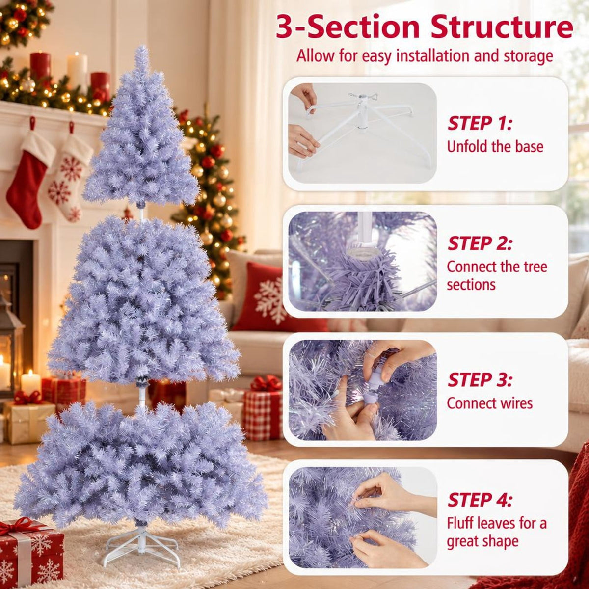 Airfind 6/7.5 FT Pre-Lit Tinsel Christmas Tree Artificial Xmas Tree, PVC PET Metal S/M Frame, 3.3 x 6 ft Footprint, Deep Purple