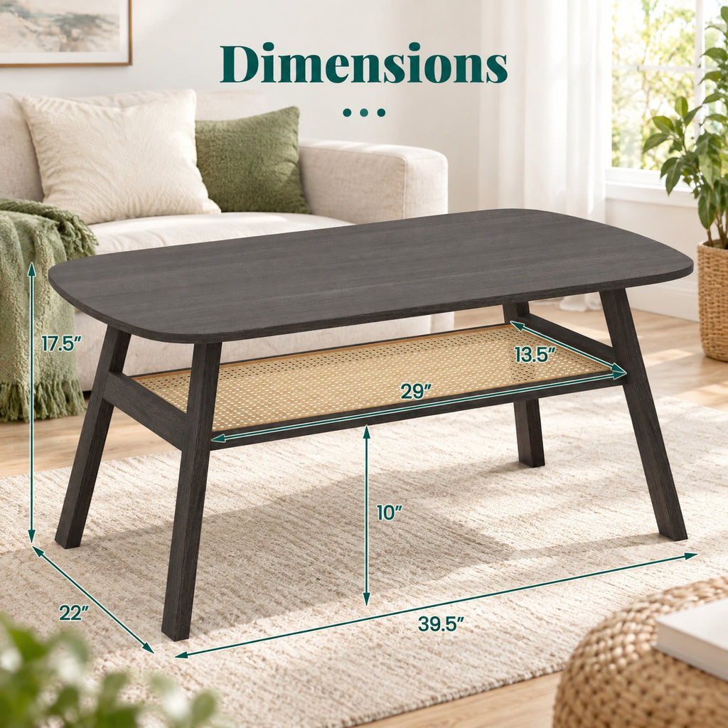 Airfind 2-Tier Rectangular Center Coffee Table with Rattan Storage Shelf and Rubber Wood Legs, 220 lbs Capacity, 39.5 x 22 x 17.5 Footprint