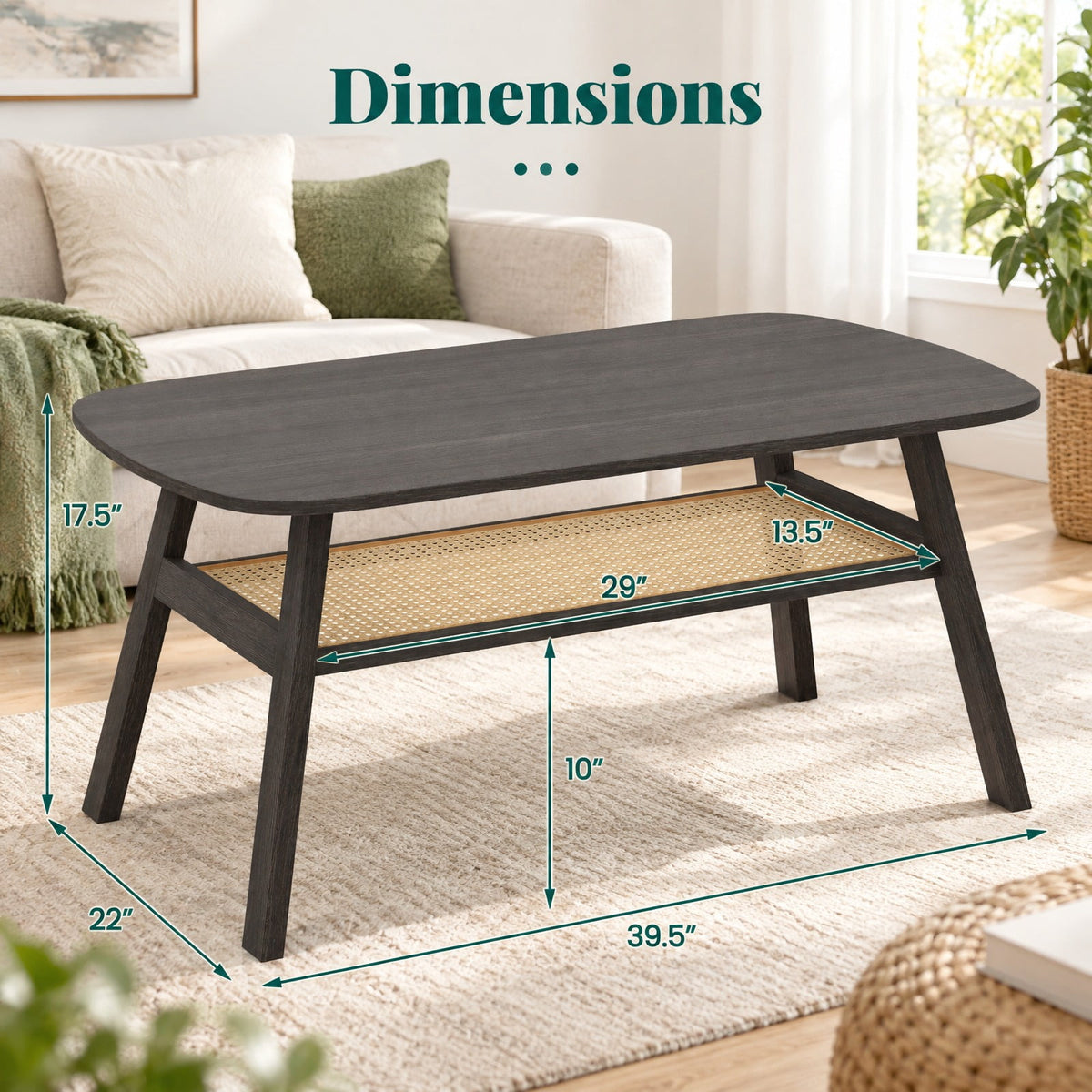 Airfind 2-Tier Rectangular Center Coffee Table with Rattan Storage Shelf and Rubber Wood Legs, 220 lbs Capacity, 39.5 x 22 x 17.5 Footprint