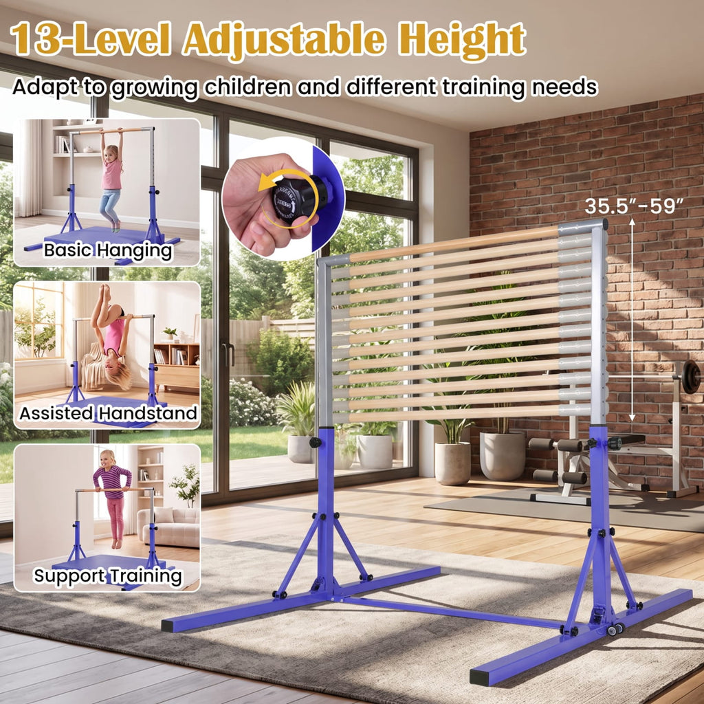 Airfind Foldable Gymnastics Bar for Kids with 3 Level Adjustable Height and Bamboo Grip Bar for Home Balance and Coordination Training, Purple