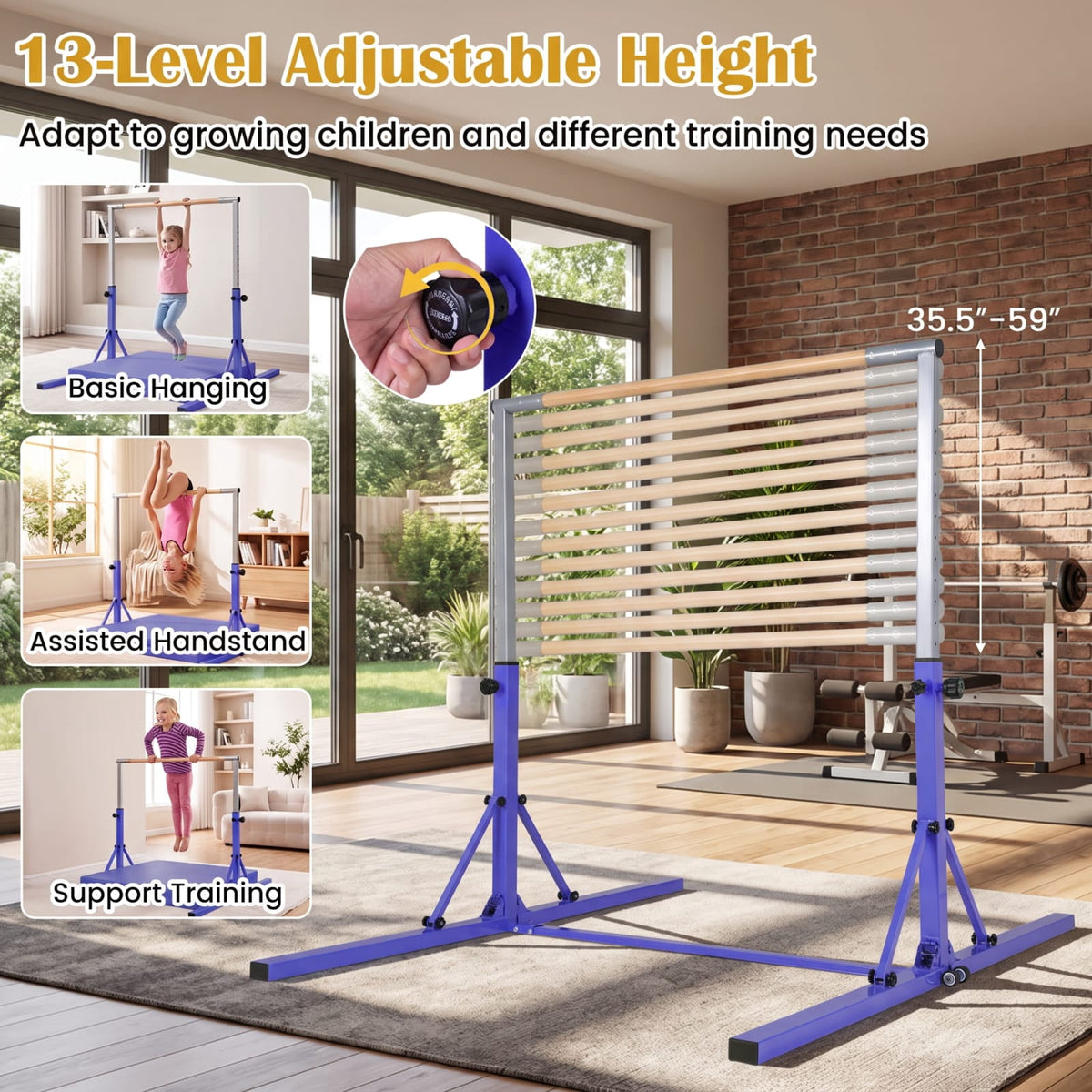 Airfind Foldable Gymnastics Bar for Kids with 3 Level Adjustable Height and Bamboo Grip Bar for Home Balance and Coordination Training, Purple