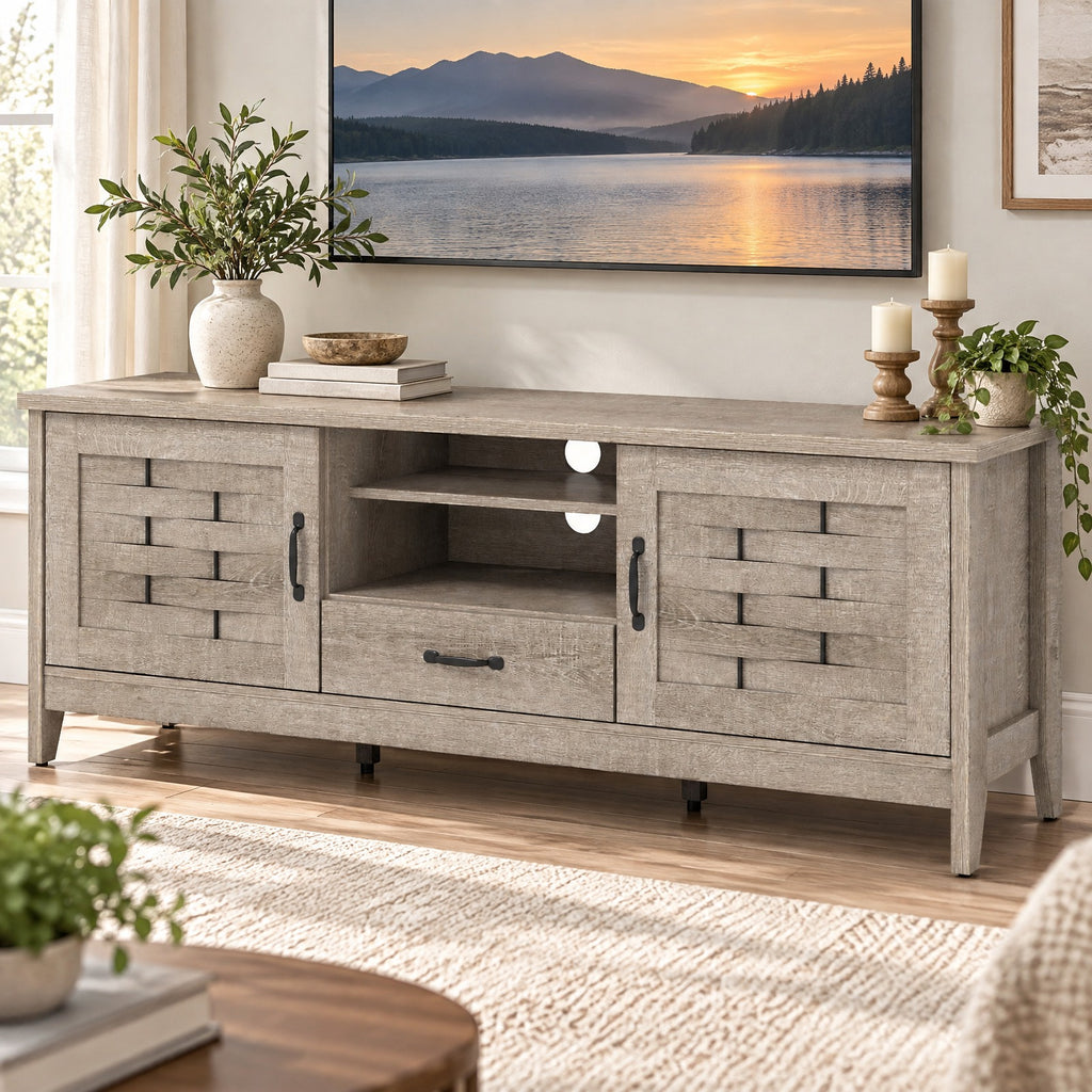 Airfind TV Stand, Farmhouse, for 65 Inch TVs with 2 Woven Accent Doors and 3 Adjustable Shelves, 110 lbs Capacity, Engineered Wood MDF Frame, Brown