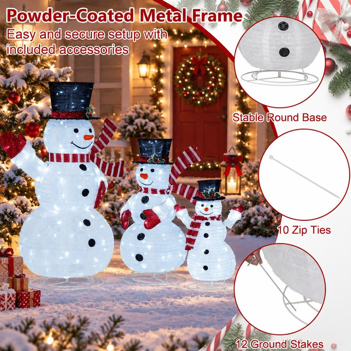 AIRFIND Pre Lit Snowman Decorations Set of 3, 3D Outdoor Christmas Display with Metal Frames and 270 LED Lights, Multi Color