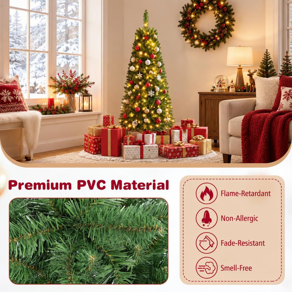 Airfind 4.5 Ft Pre-lit Artificial Christmas Tree, Slim Pencil Fir Tree featuring 150 Warm LED Lights, Hinged Branches and Folding Metal Stand, Green