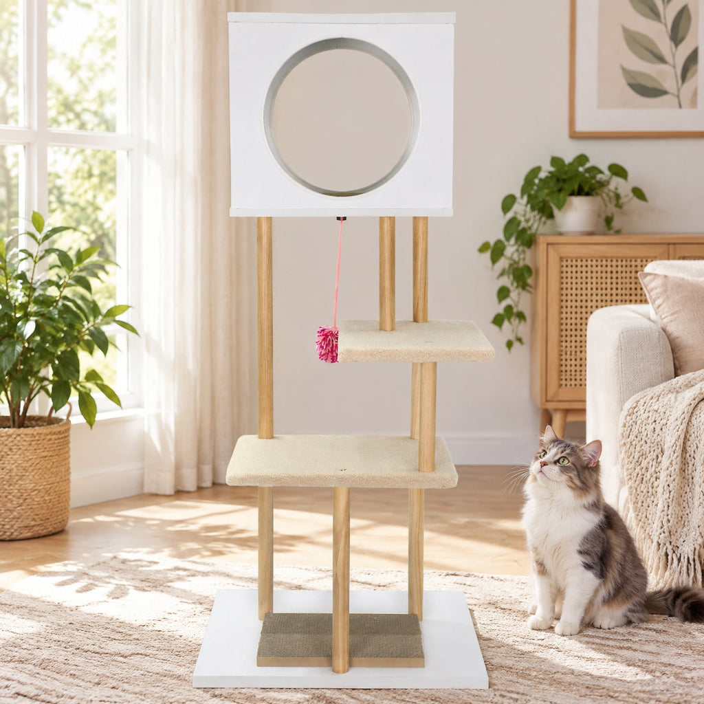 Airfind Tall Wood Cat Tower with 2 Corrugated Cardboard, 15.5 lbs Capacity, Engineered Wood Rubber Wood Corrugated Cardboard Fabric Frame, White