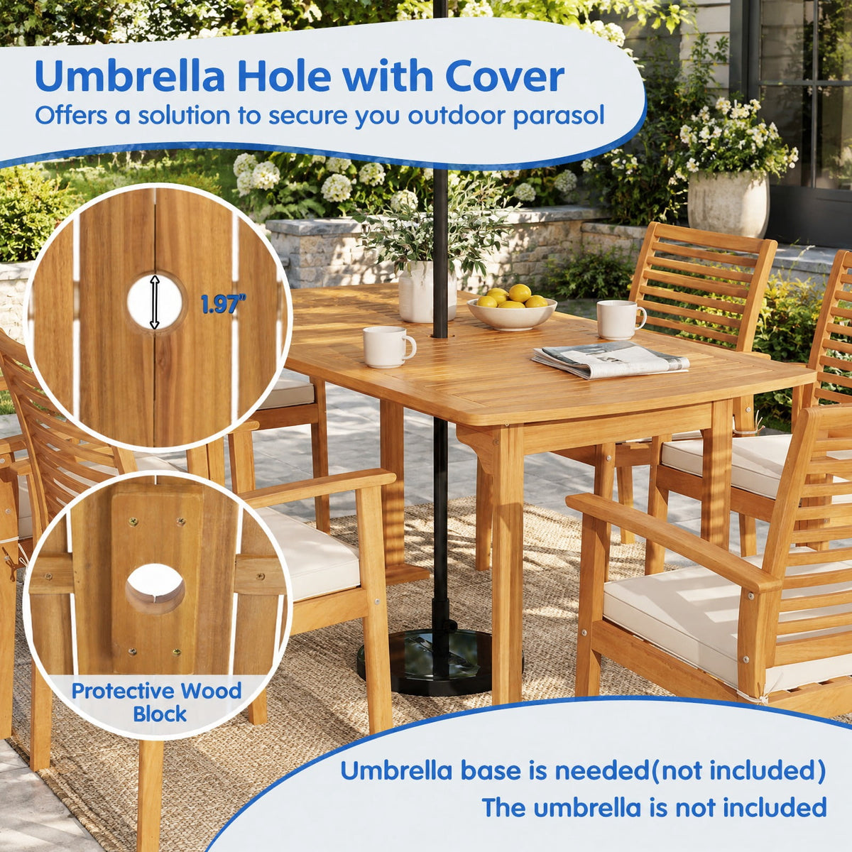 Airfind 63 inch Outdoor Dining Table with Umbrella Hole and Slatted Tabletop, 165 lbs Capacity, Acacia Wood Frame, 63 x 32 x 30 Footprint