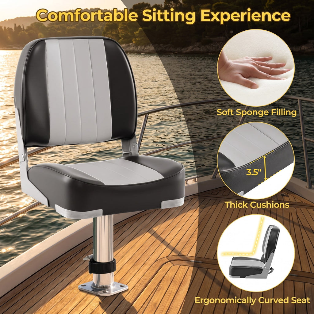 Airfind Folding Low Back Boat Seats 2 Pack with Thick Sponge Cushion and Aluminum Hinges for Cabin Seating and Fishing Boats, Gray and Black