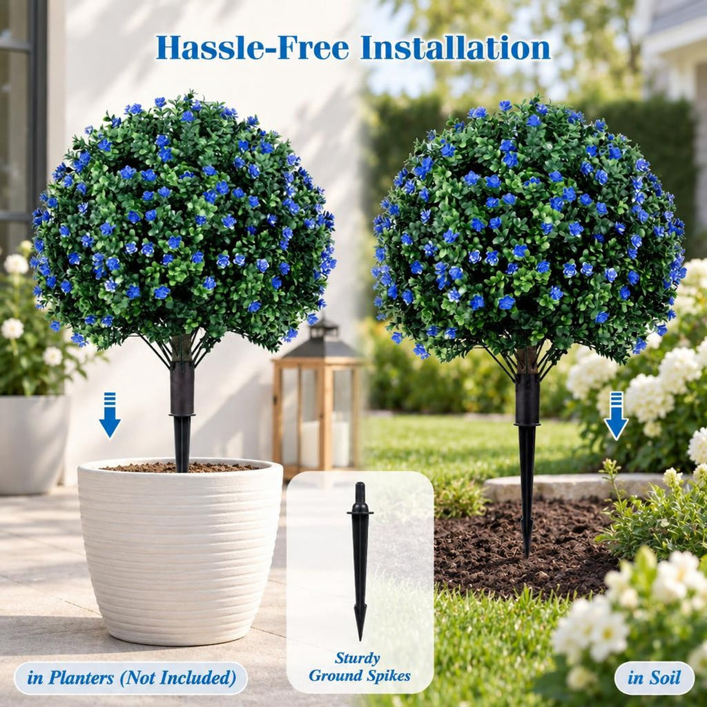 Airfind 2 Pack Artificial Flowering Boxwood Topiary Ball Trees 27.5 Inches Faux Floral Shrubs, PP PE Frame for Everyday Use, Green