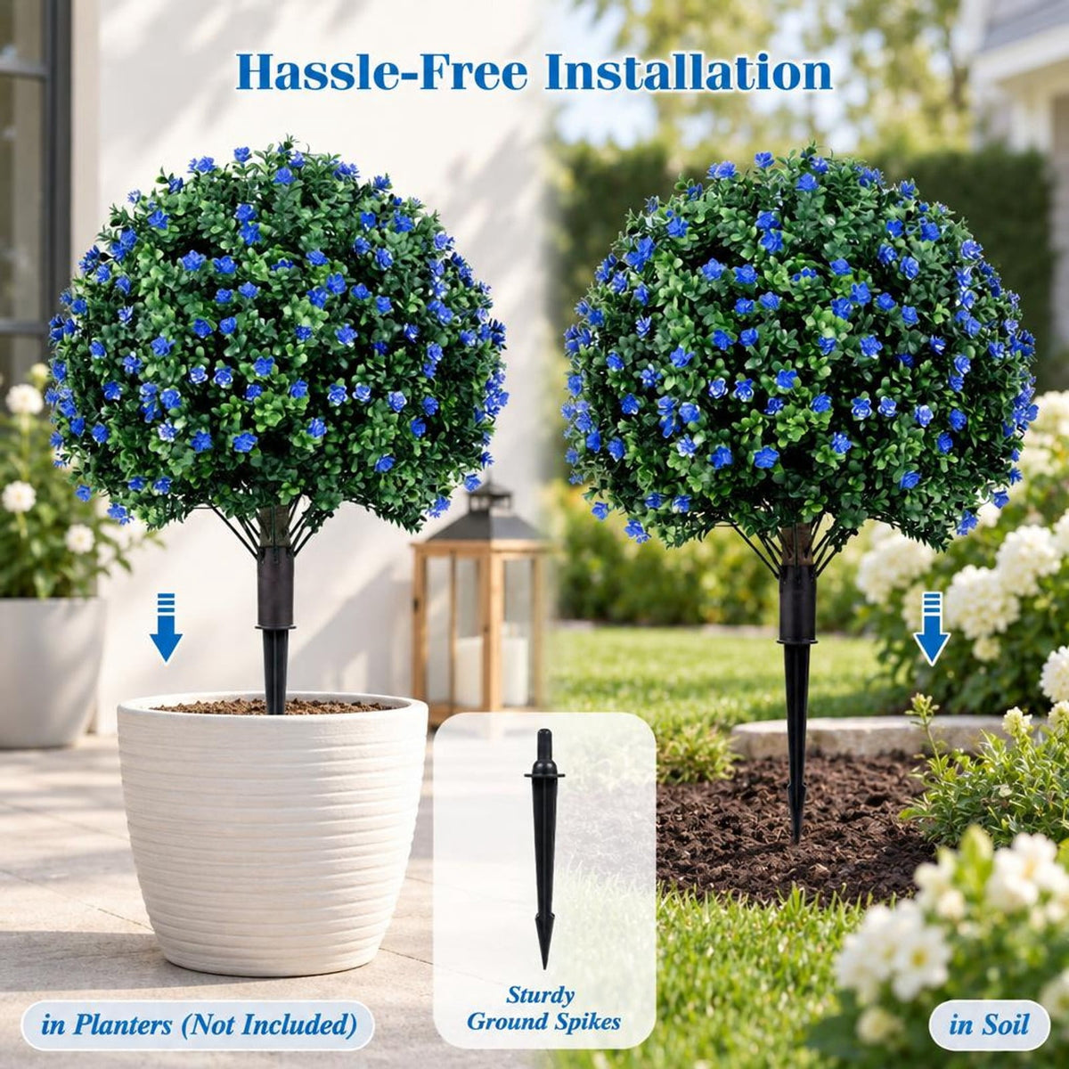 Airfind 2 Pack Artificial Flowering Boxwood Topiary Ball Trees 27.5 Inches Faux Floral Shrubs, PP PE Frame for Everyday Use, Green