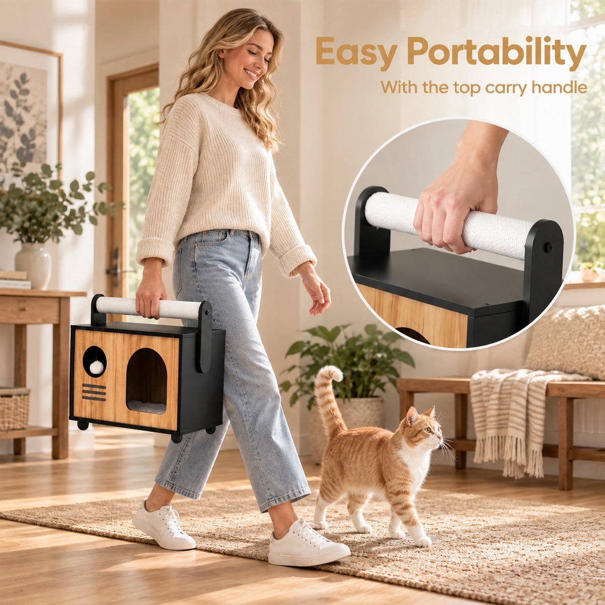 Airfind Wooden Cat House with Scratching Post, 33 lbs Capacity, Engineered Wood Frame, 19 Inch x 12 Inch x 17.5 Inch Height of Cat House 12 Inch Footprint, Black
