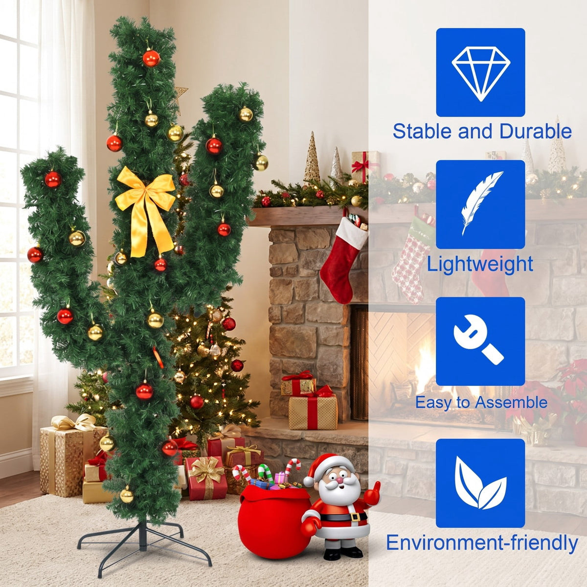 Airfind 6 Feet Artificial Cactus PVC Christmas Tree with LED Lights and Ball Ornaments-6 ft, PVC Metal Frame, Green